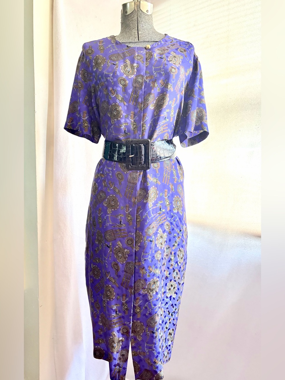 Vintage Adrianna Papell 100% silk equestrian shift dress purple jewel tone